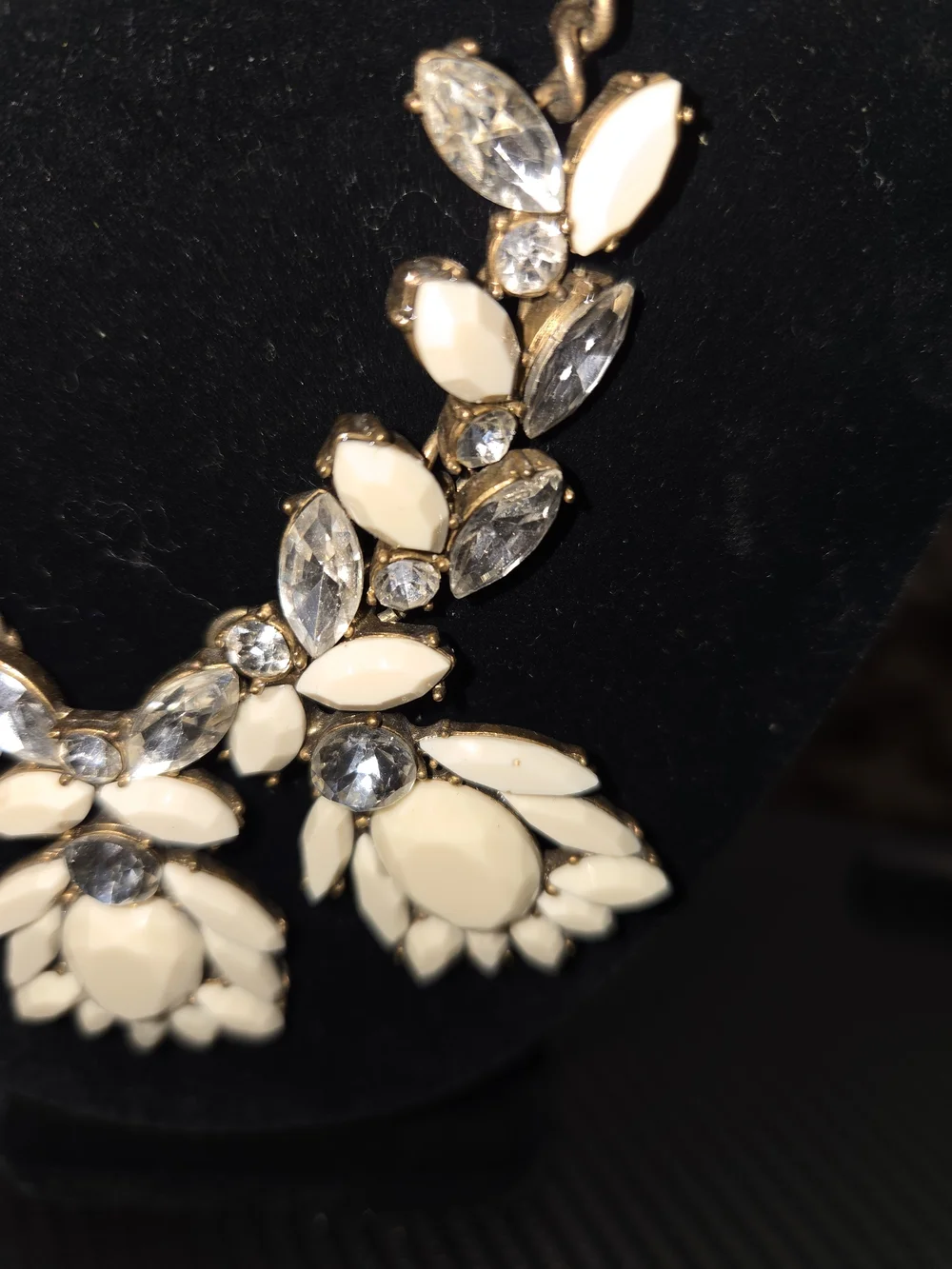 J.Crew 18” Cream Clear Crystal Floral Statement Necklace Antique Gold Tone